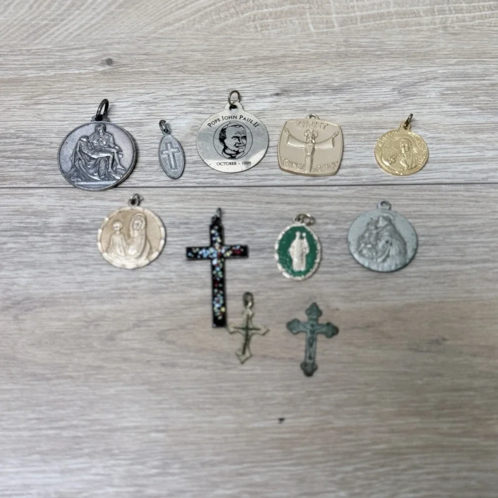 Vintage Religious Charm Lot Cross Medal Saint Pendant Catholic Jewelry‎ Bundle